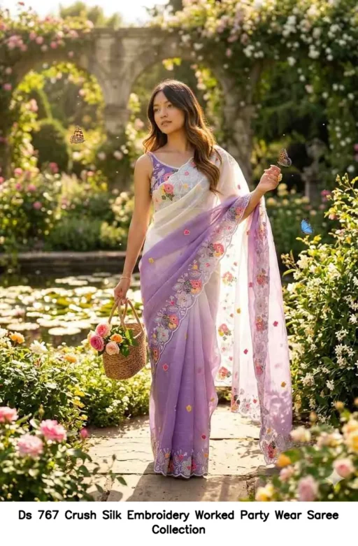 Ds 767 Crush Silk Embroidery Worked Party Wear Saree Collection