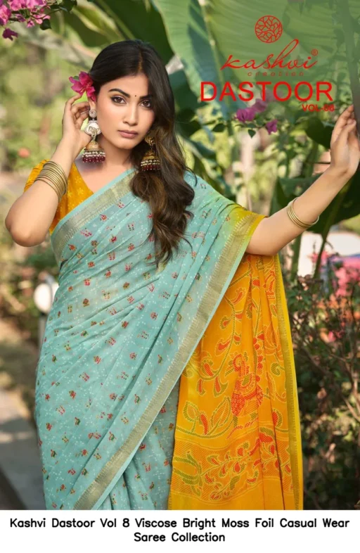 Kashvi Dastoor Vol 8 Viscose Bright Moss Foil Casual Wear Saree Collection