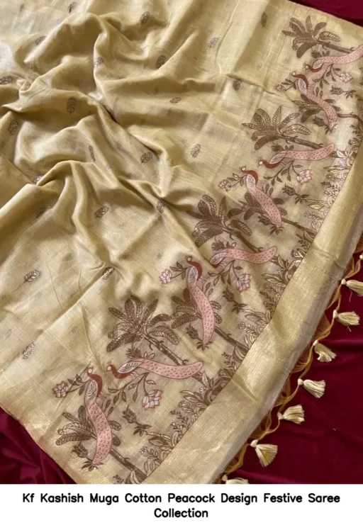 Kf Kashish Muga Cotton Peacock Design Festive Saree Collection