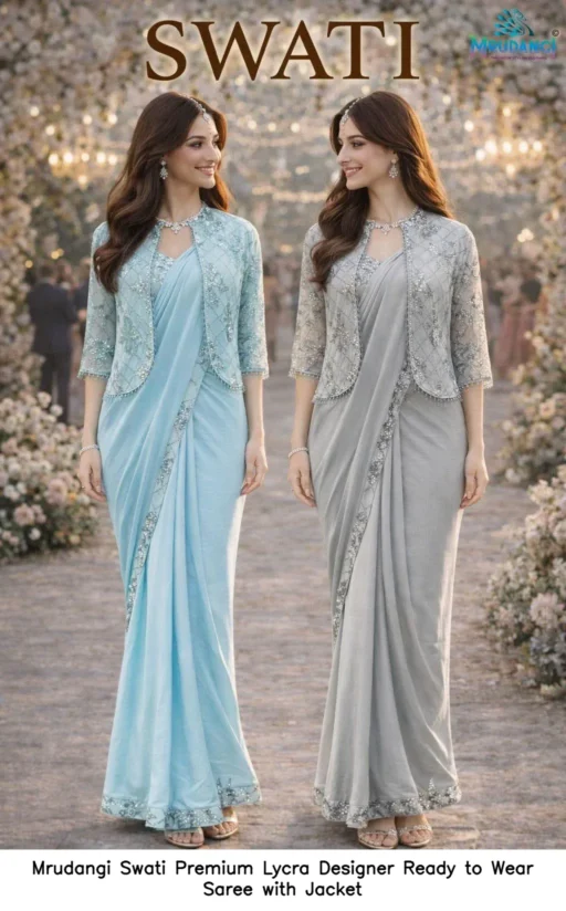 Mrudangi Swati Premium Lycra Designer Ready to Wear Saree with Jacket