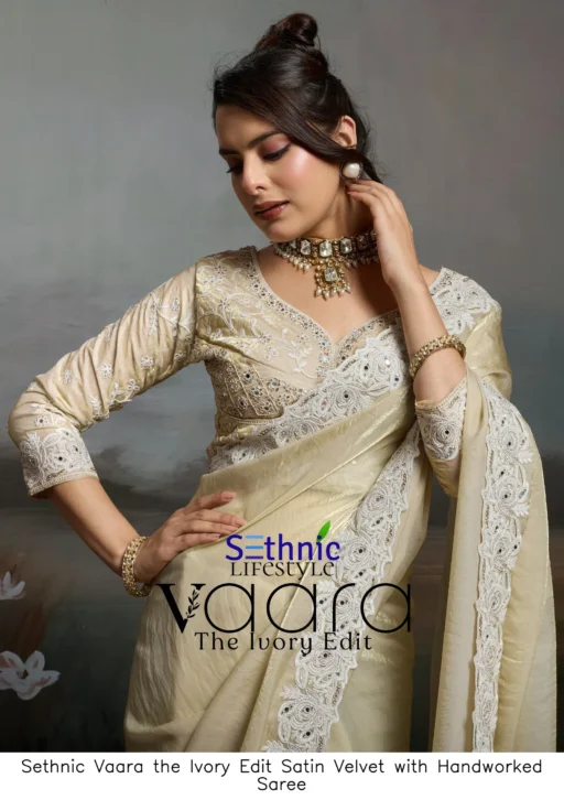 Sethnic Vaara the Ivory Edit Satin Velvet with Handworked Saree
