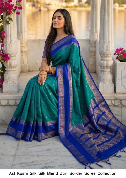 Ast Kashi Silk Silk Blend Zari Border Saree Collection
