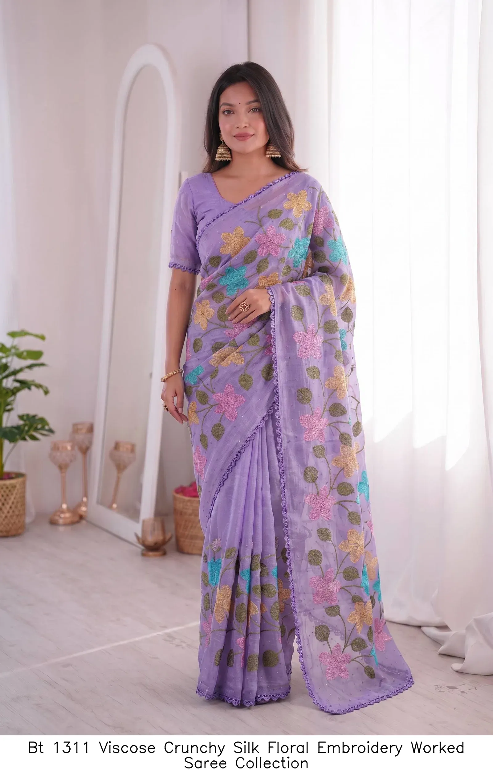 Bt 1311 Viscose Crunchy Silk Floral Embroidery Worked Saree Collection - Image 10