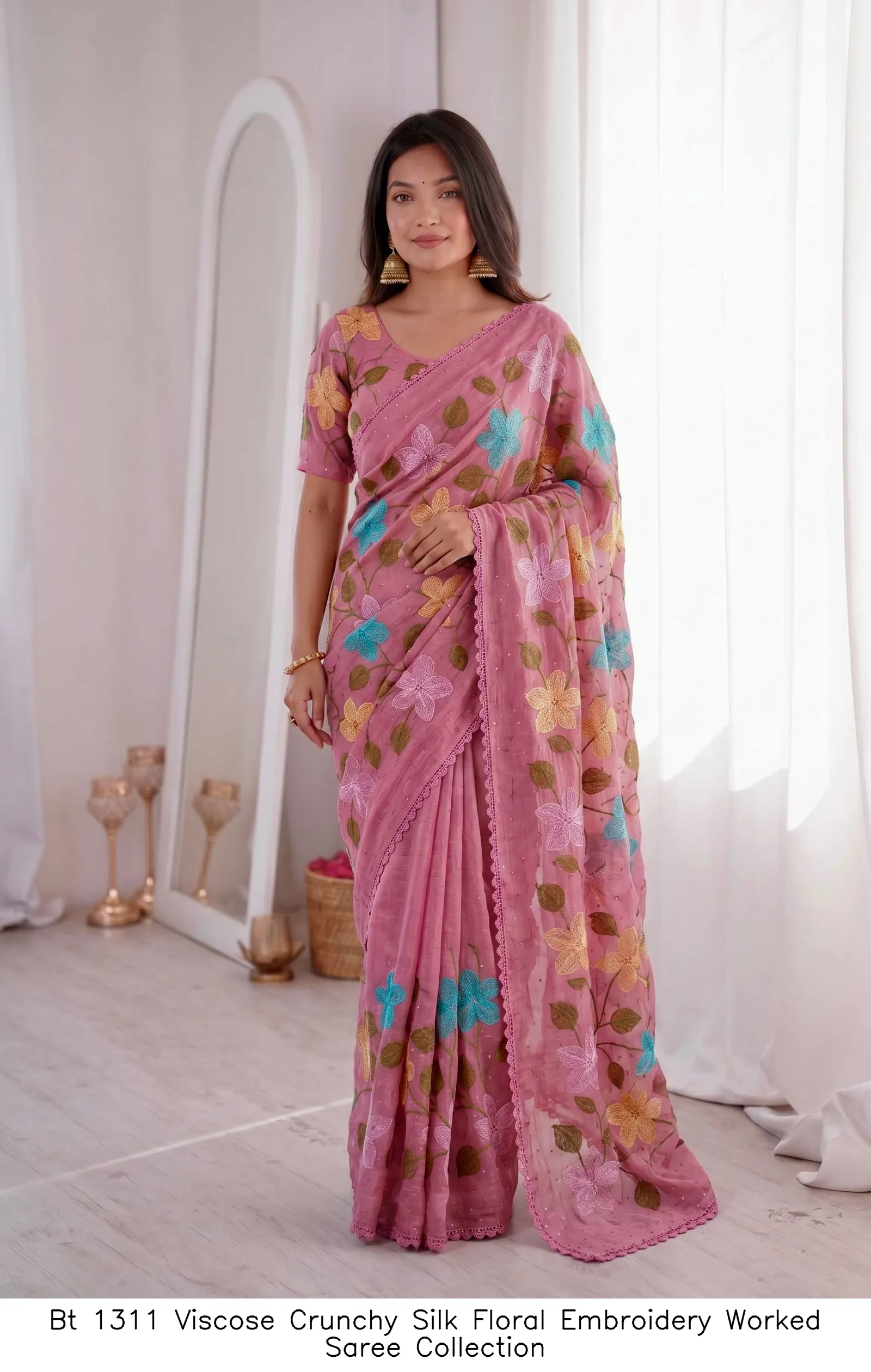 Bt 1311 Viscose Crunchy Silk Floral Embroidery Worked Saree Collection - Image 2