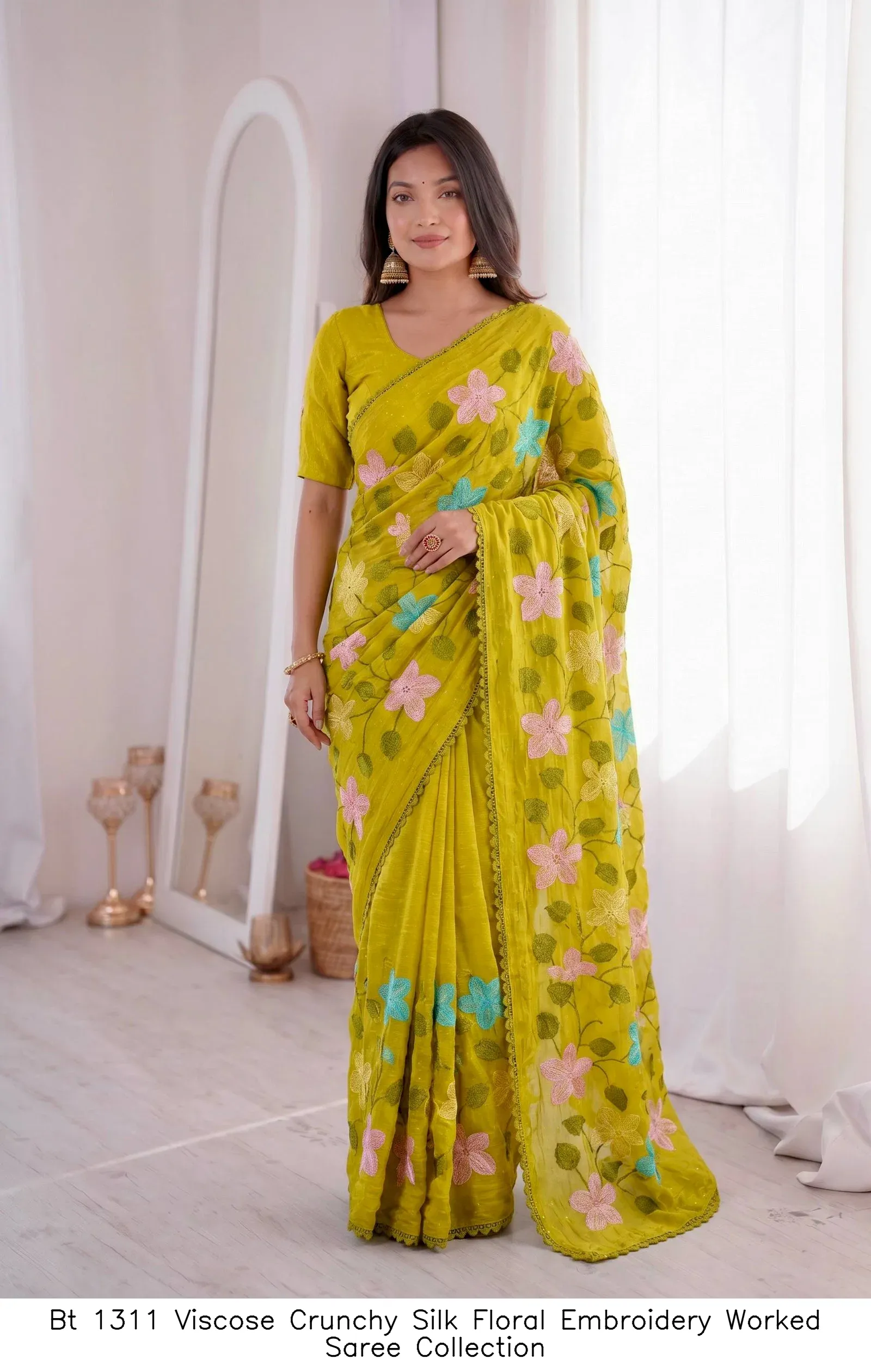 Bt 1311 Viscose Crunchy Silk Floral Embroidery Worked Saree Collection - Image 3