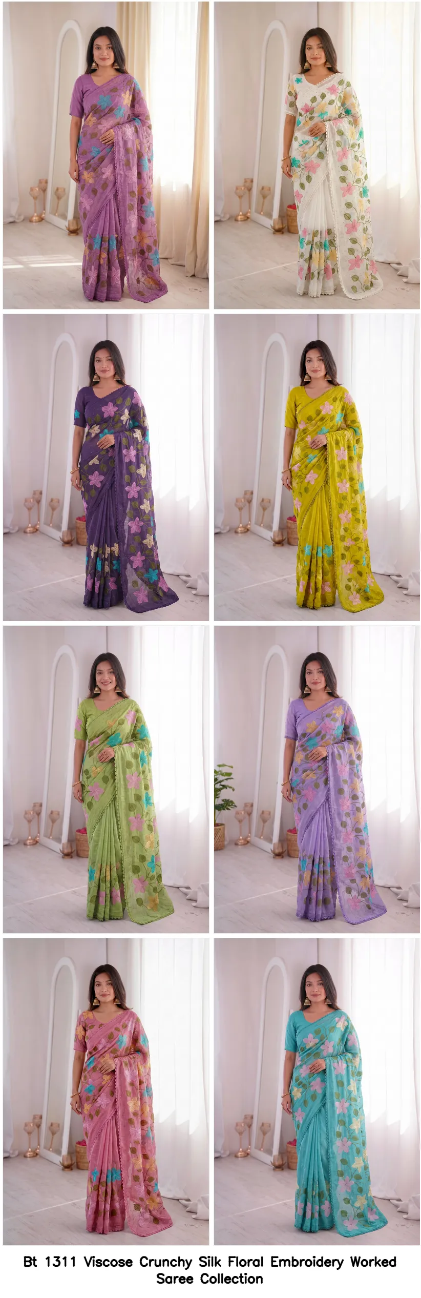 Bt 1311 Viscose Crunchy Silk Floral Embroidery Worked Saree Collection - Image 4