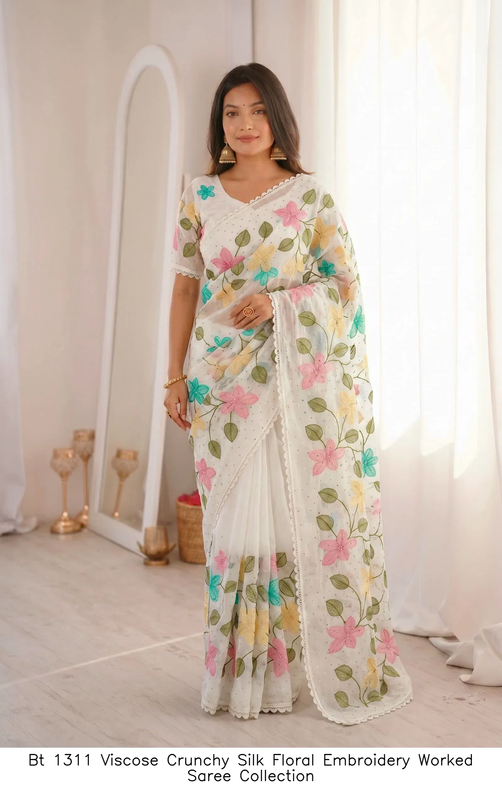 Bt 1311 Viscose Crunchy Silk Floral Embroidery Worked Saree Collection - Image 5