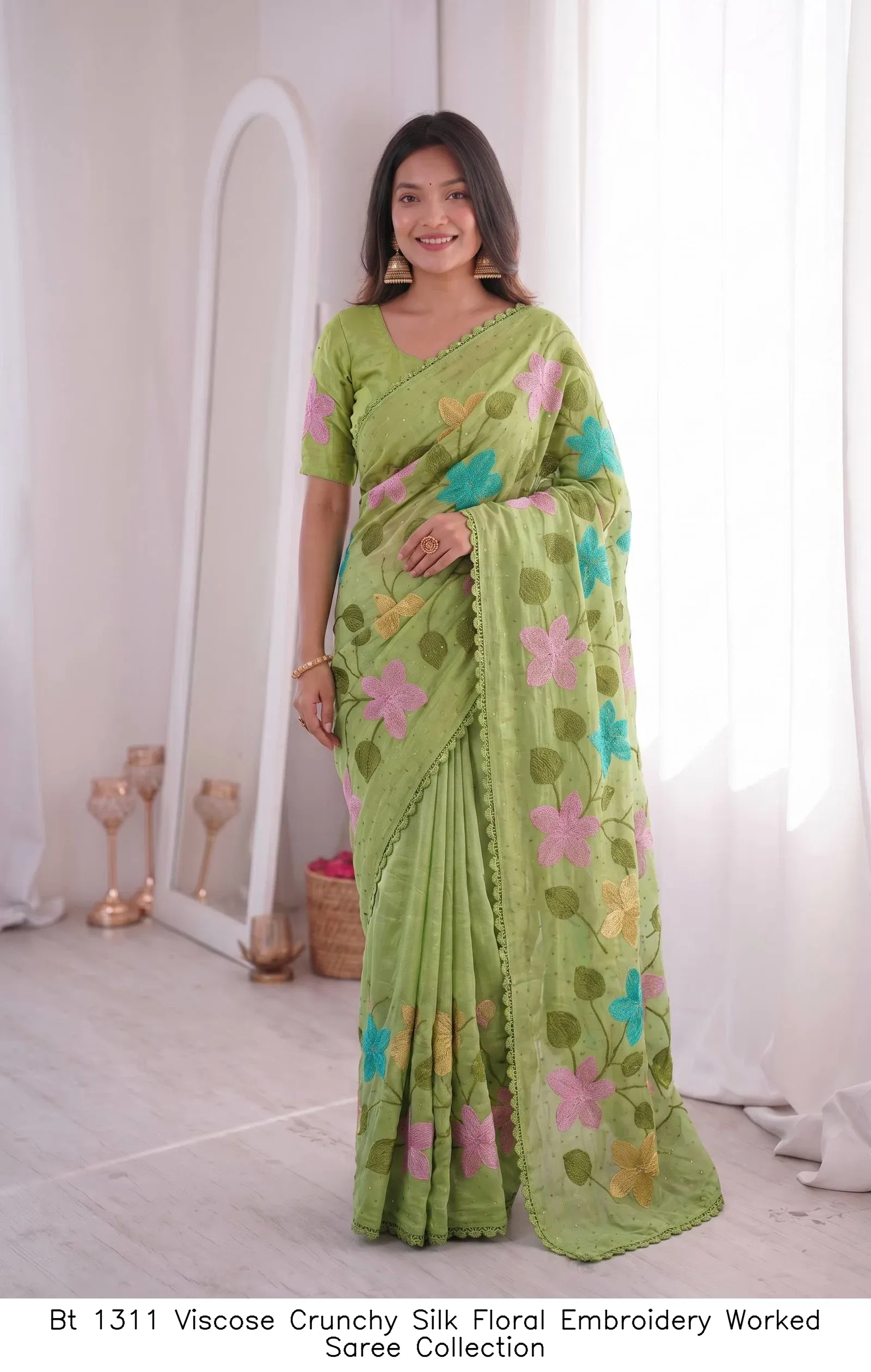 Bt 1311 Viscose Crunchy Silk Floral Embroidery Worked Saree Collection - Image 6