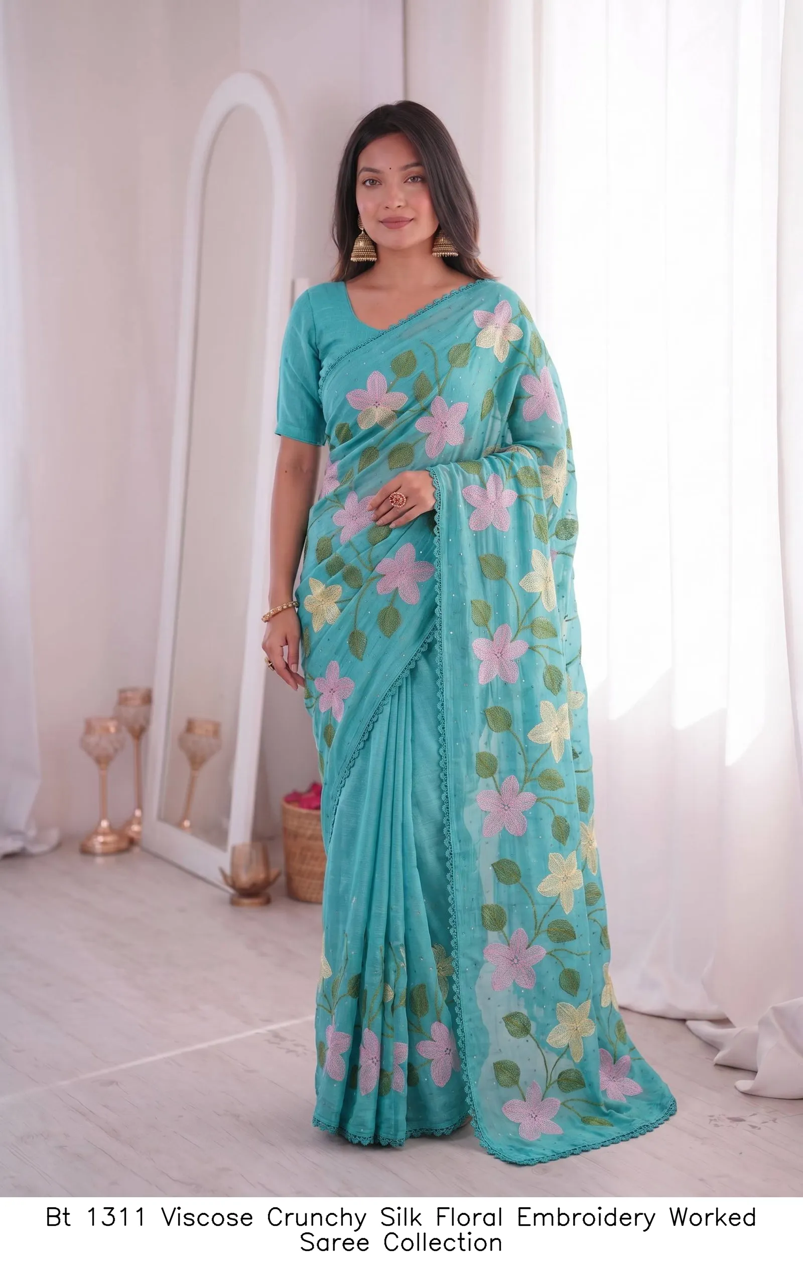 Bt 1311 Viscose Crunchy Silk Floral Embroidery Worked Saree Collection - Image 7