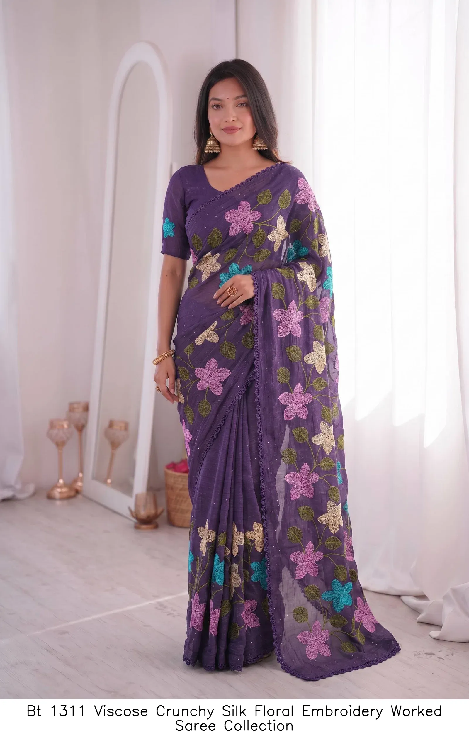 Bt 1311 Viscose Crunchy Silk Floral Embroidery Worked Saree Collection - Image 8