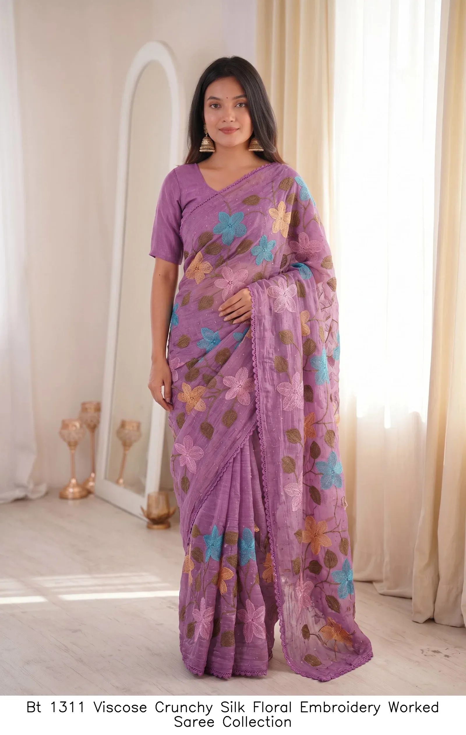 Bt 1311 Viscose Crunchy Silk Floral Embroidery Worked Saree Collection - Image 9