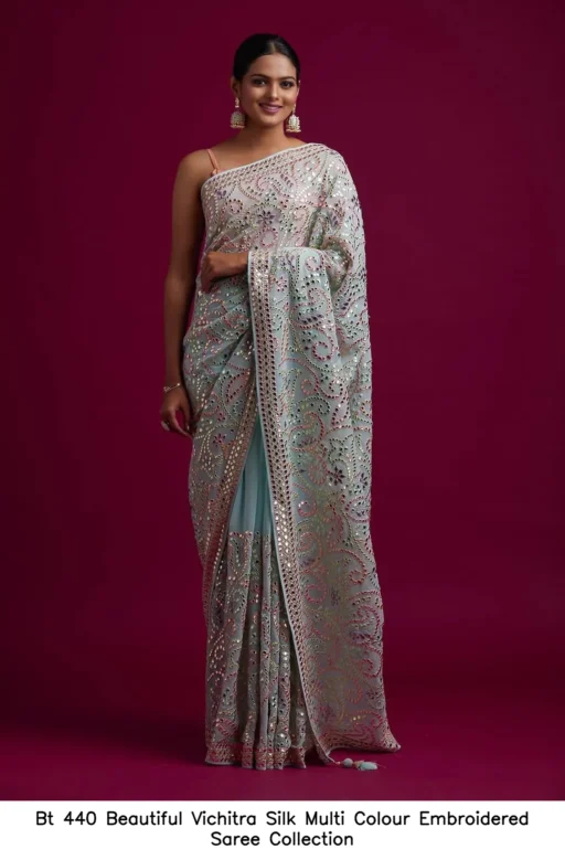 Bt 440 Beautiful Vichitra Silk Multi Colour Embroidered Saree Collection