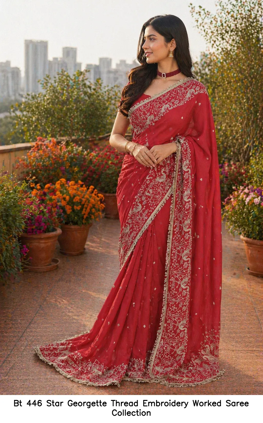 Bt 446 Star Georgette Thread Embroidery Worked Saree Collection - Image 10