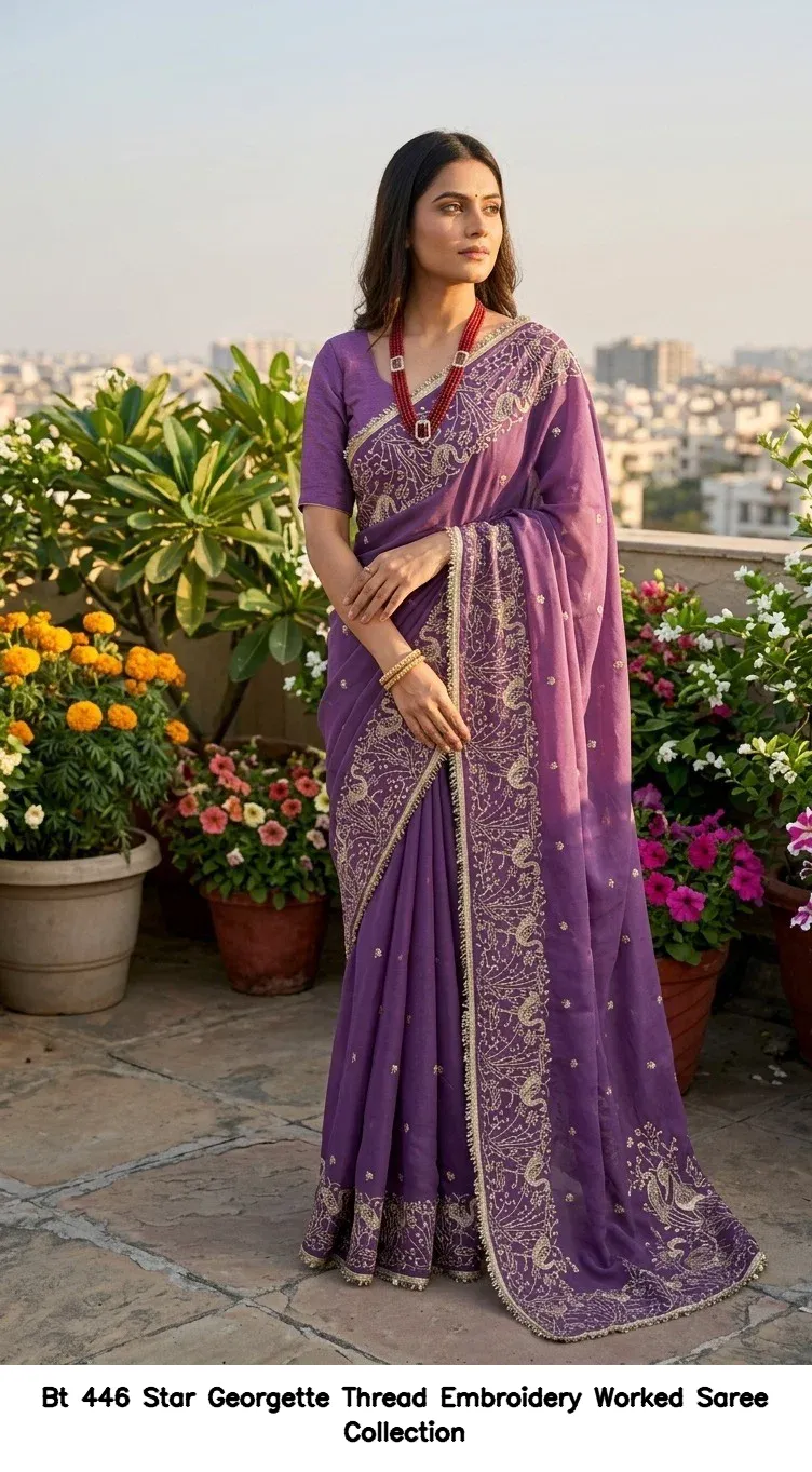 Bt 446 Star Georgette Thread Embroidery Worked Saree Collection - Image 2