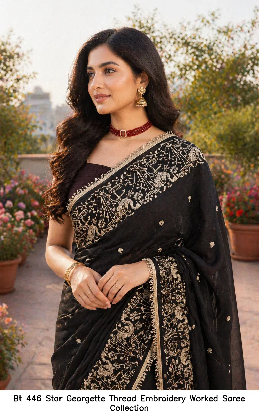 Bt 446 Star Georgette Thread Embroidery Worked Saree Collection - Image 3
