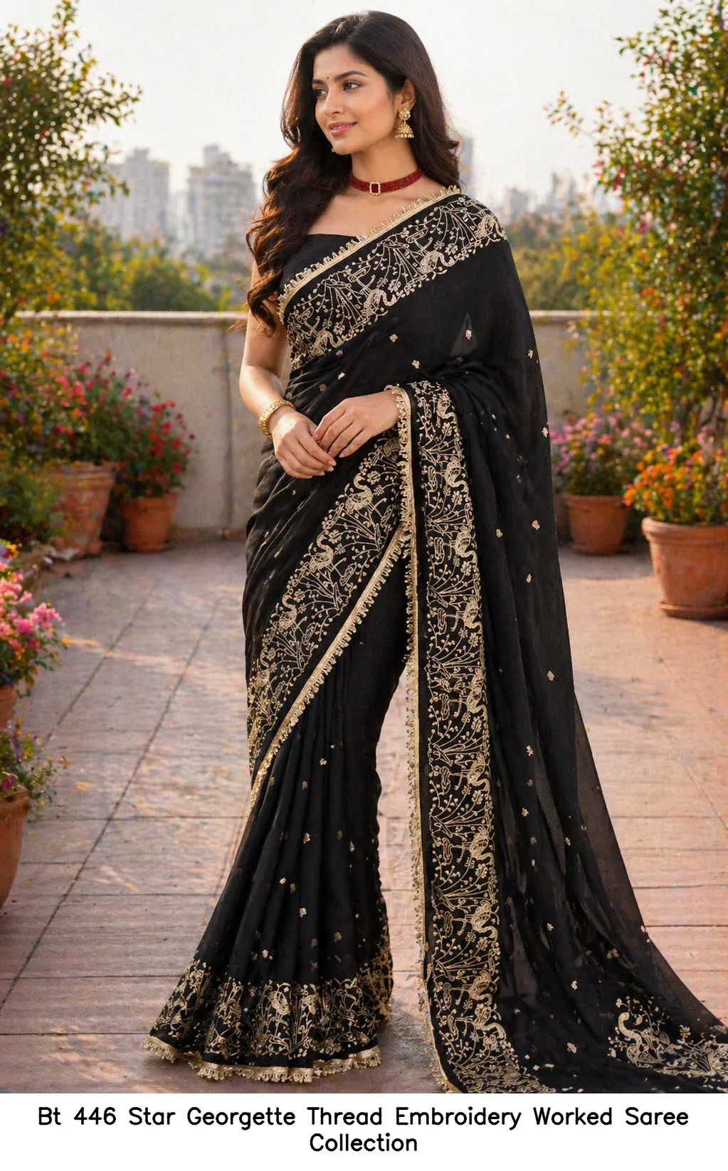 Bt 446 Star Georgette Thread Embroidery Worked Saree Collection - Image 5