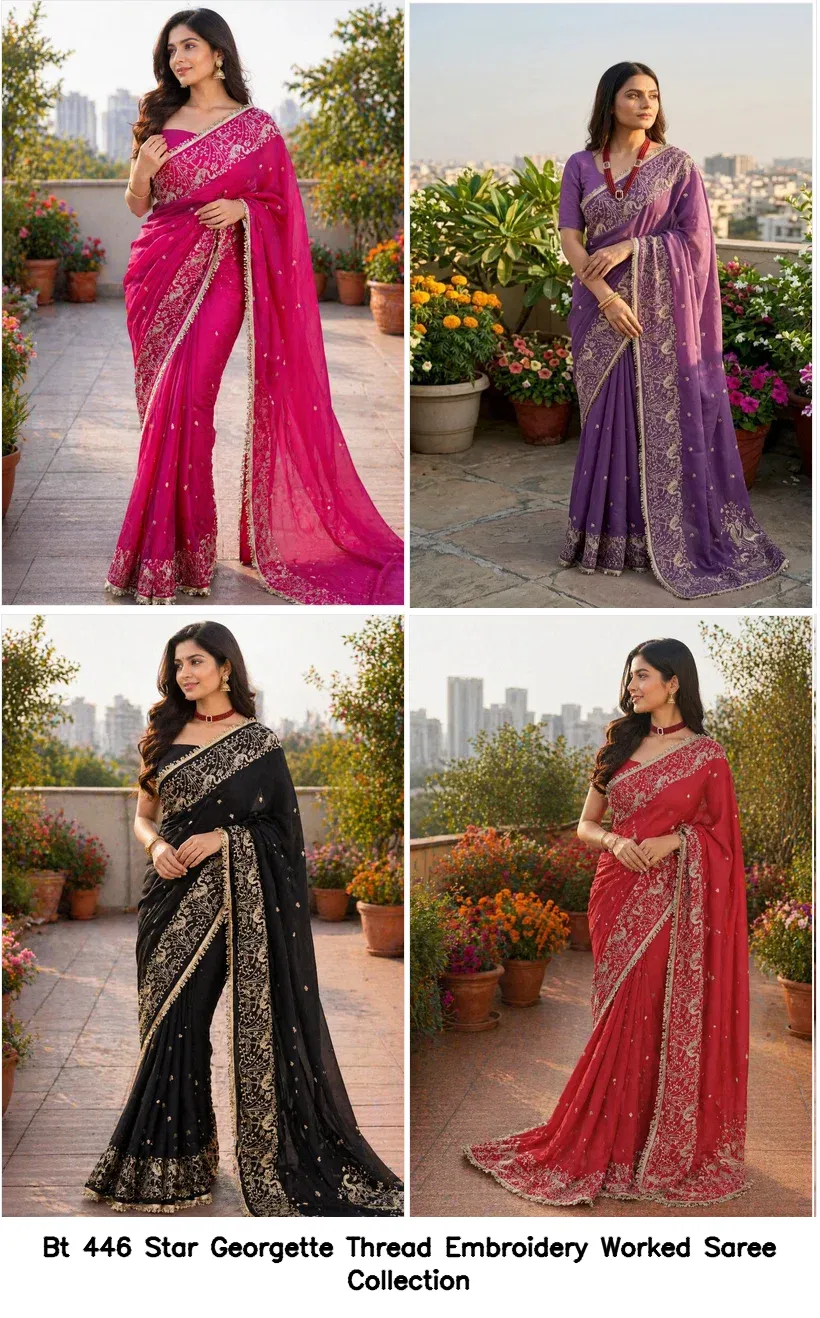Bt 446 Star Georgette Thread Embroidery Worked Saree Collection - Image 6