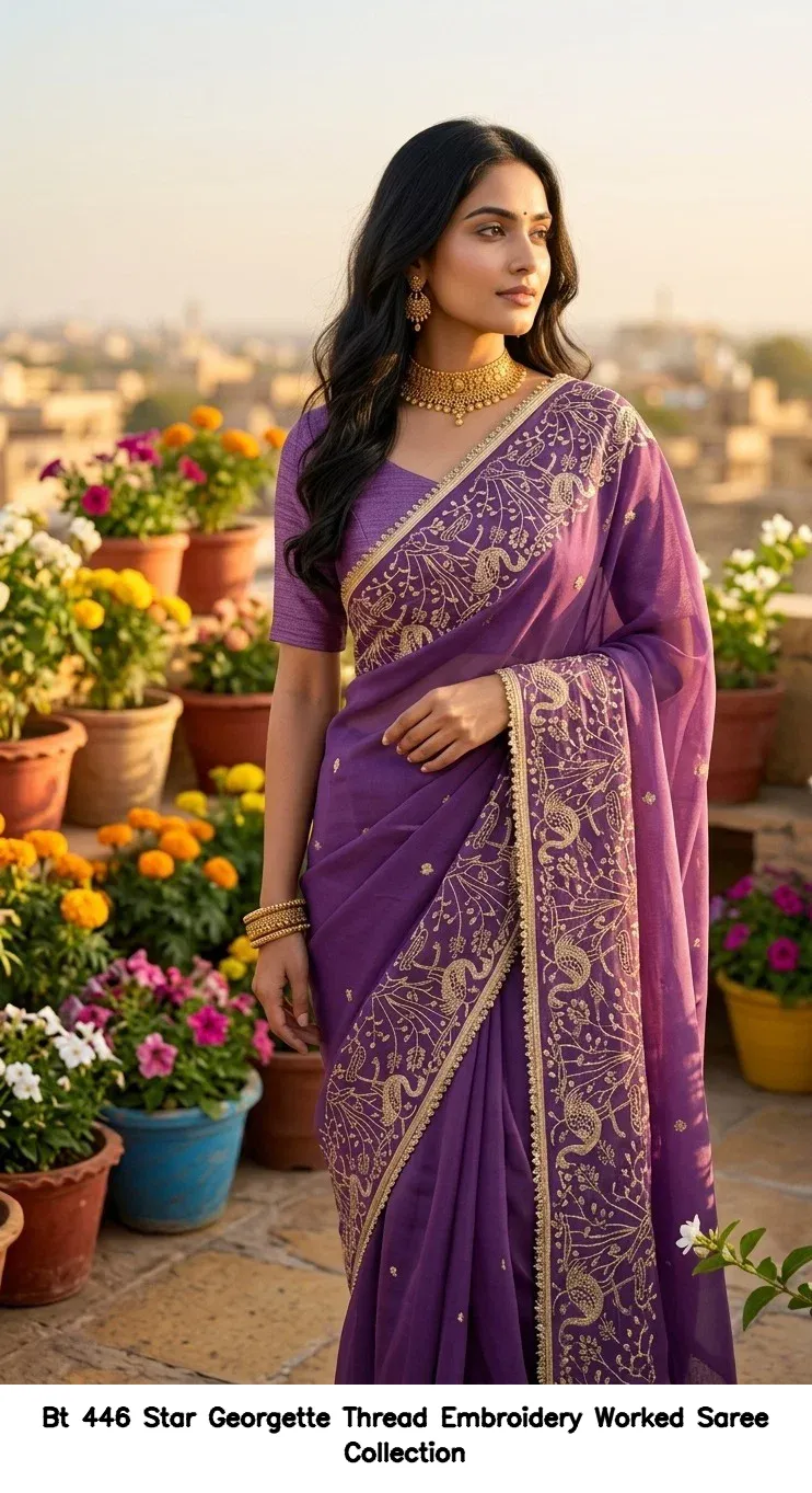 Bt 446 Star Georgette Thread Embroidery Worked Saree Collection - Image 7