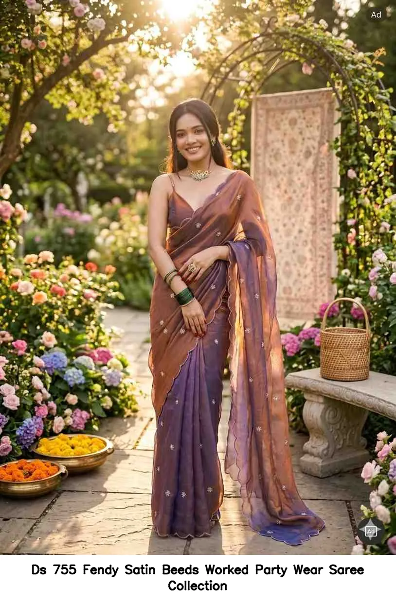 Ds 755 Fendy Satin Beeds Worked Party Wear Saree Collection - Image 3