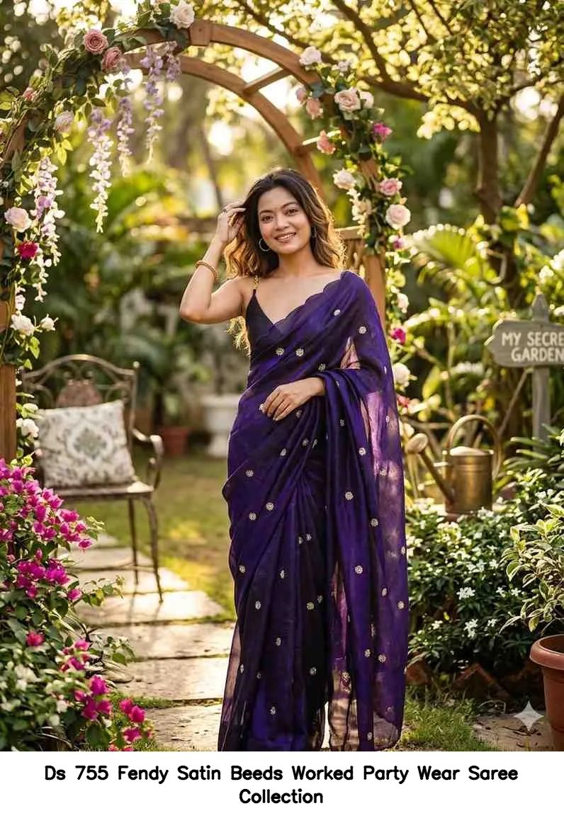 Ds 755 Fendy Satin Beeds Worked Party Wear Saree Collection - Image 4