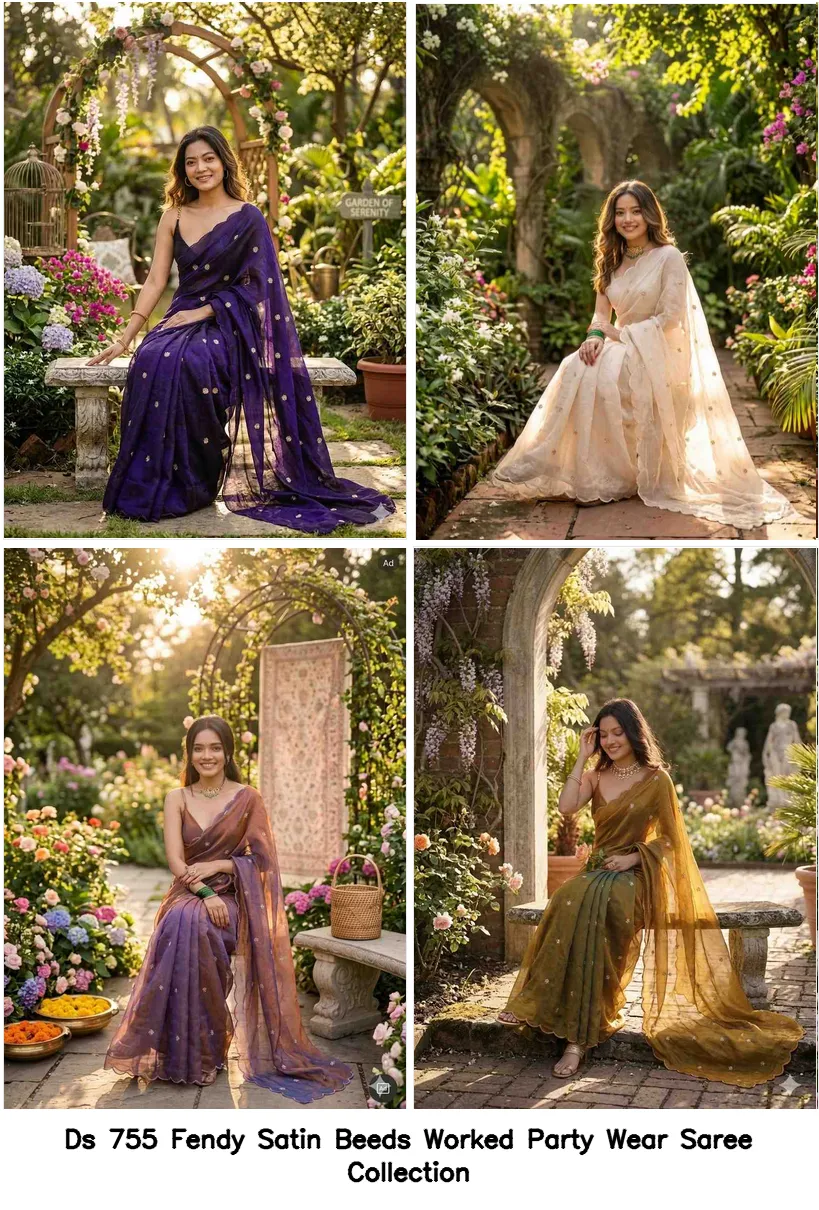 Ds 755 Fendy Satin Beeds Worked Party Wear Saree Collection - Image 6
