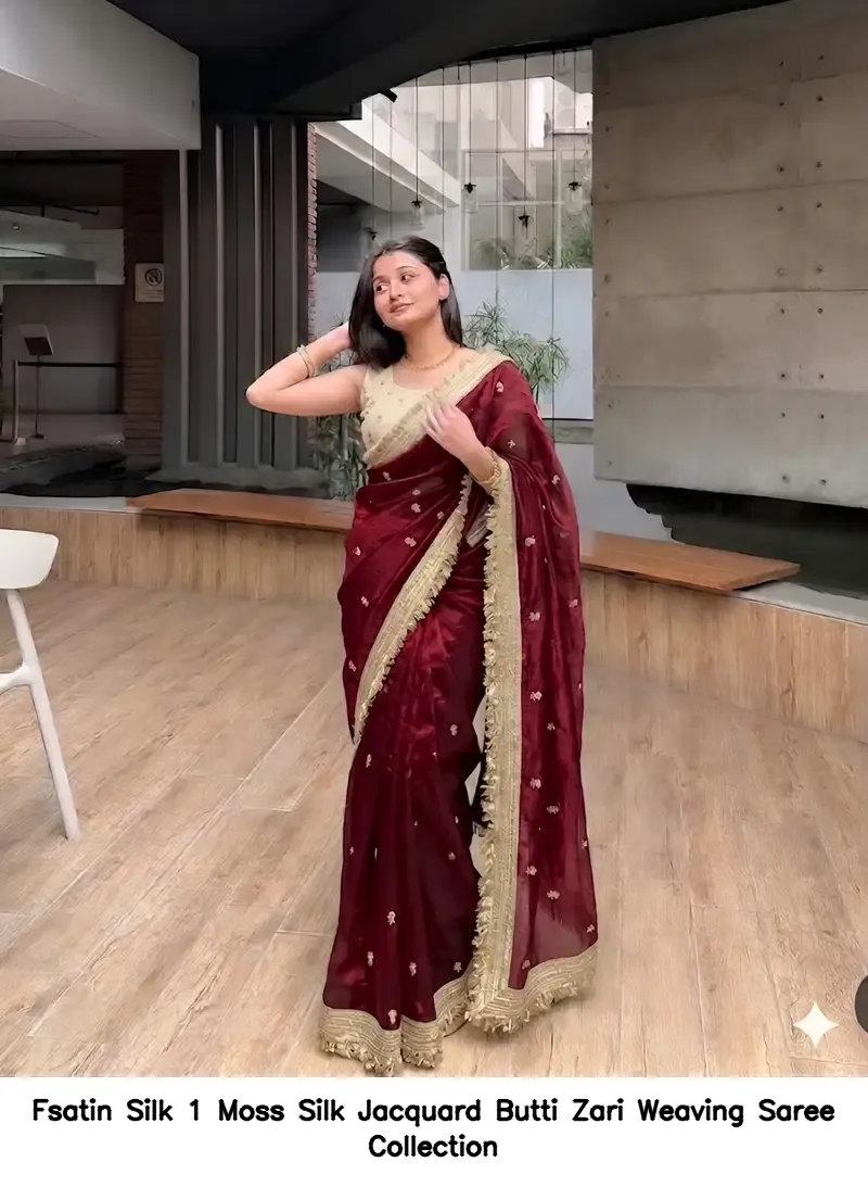 Fsatin Silk 1 Moss Silk Jacquard Butti Zari Weaving Saree Collection - Image 2