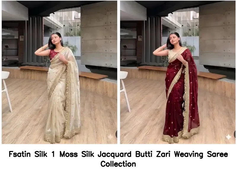 Fsatin Silk 1 Moss Silk Jacquard Butti Zari Weaving Saree Collection - Image 3