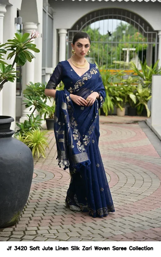 Jf 3420 Soft Jute Linen Silk Zari Woven Saree Collection