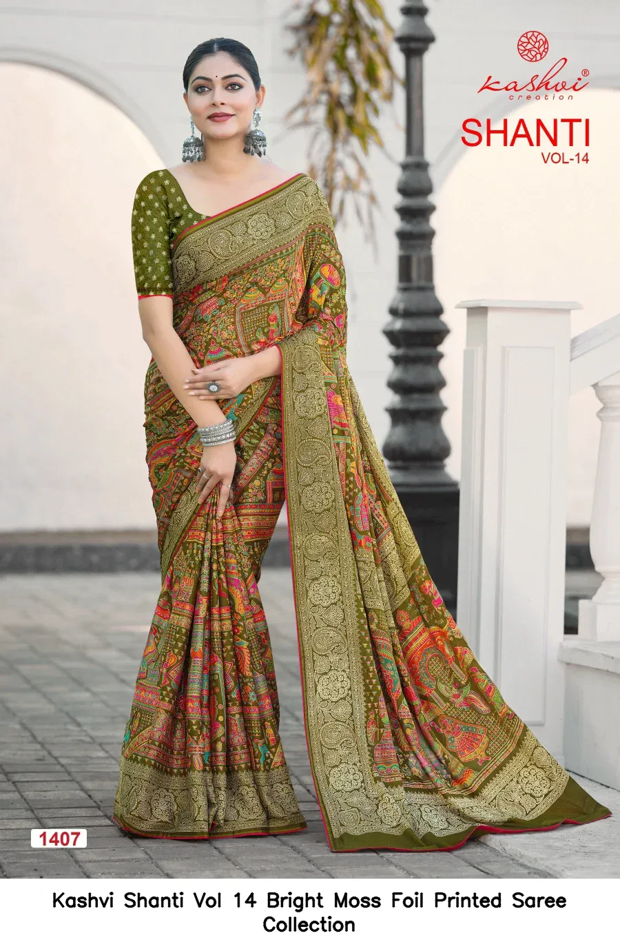 Kashvi Shanti Vol 14 Bright Moss Foil Printed Saree Collection - Image 2