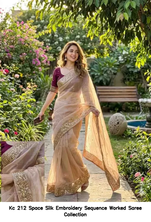 Kc 212 Space Silk Embroidery Sequence Worked Saree Collection