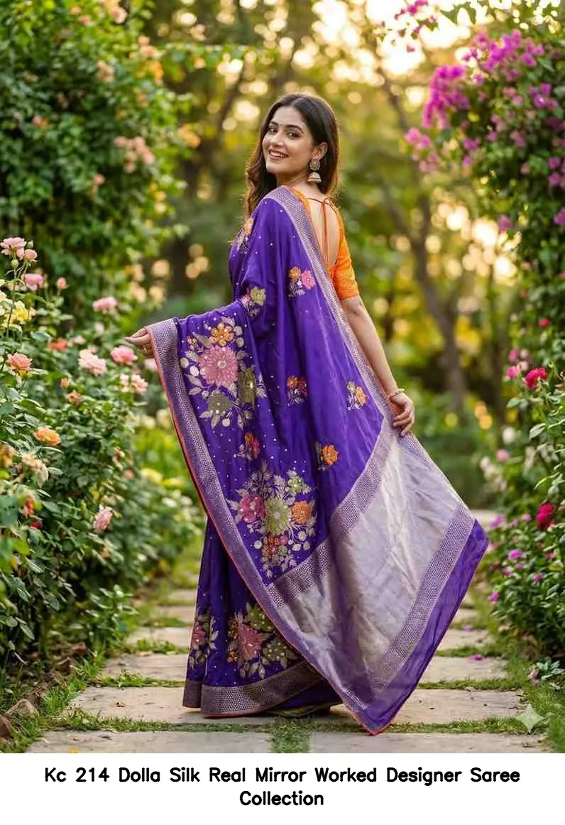 Kc 214 Dolla Silk Real Mirror Worked Designer Saree Collection - Image 4