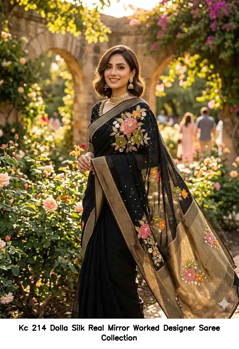 Kc 214 Dolla Silk Real Mirror Worked Designer Saree Collection - Image 5