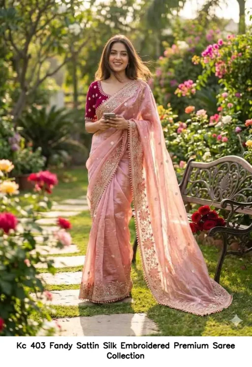 Kc 403 Fandy Sattin Silk Embroidered Premium Saree Collection