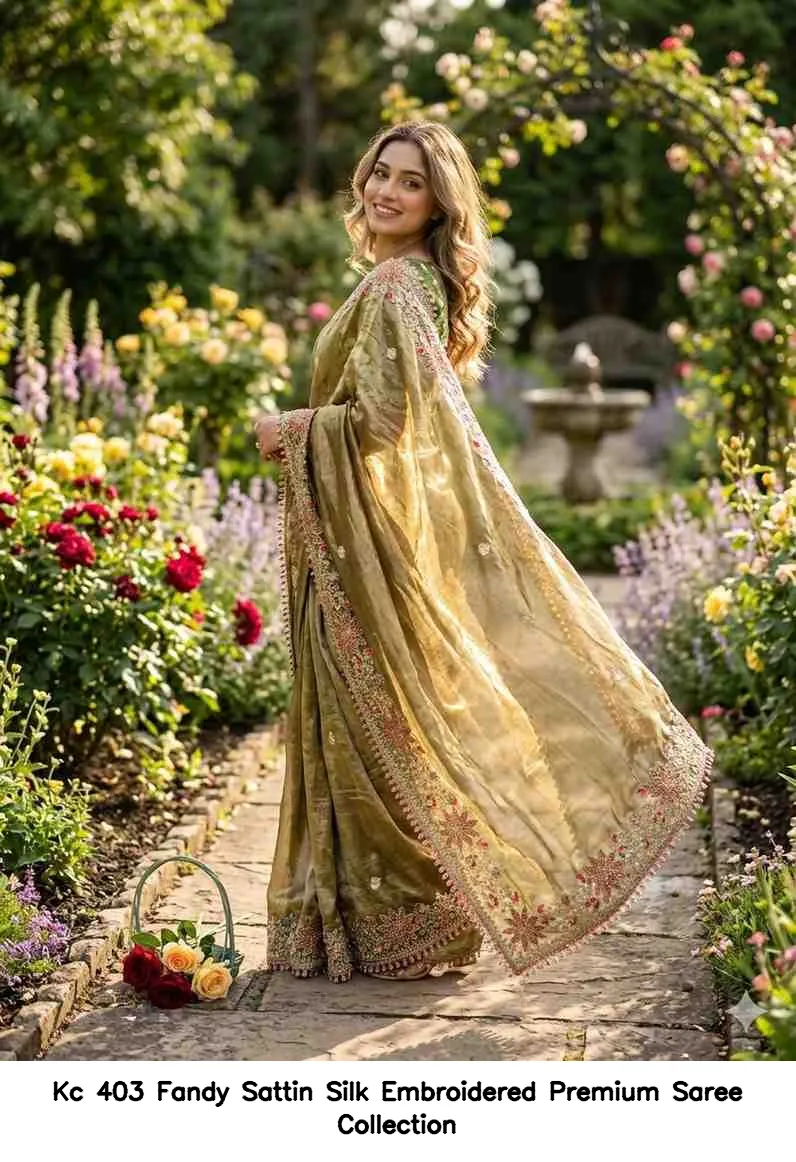Kc 403 Fandy Sattin Silk Embroidered Premium Saree Collection - Image 4