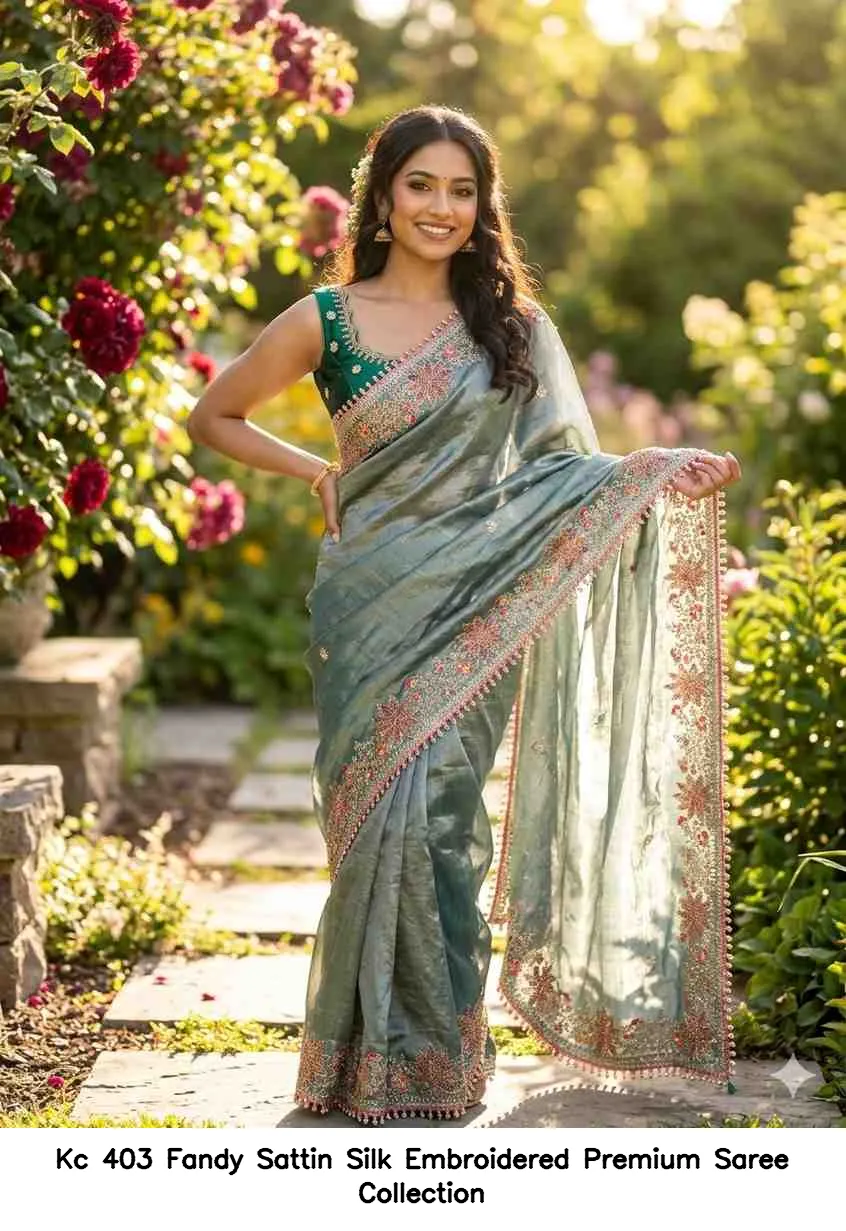 Kc 403 Fandy Sattin Silk Embroidered Premium Saree Collection - Image 5