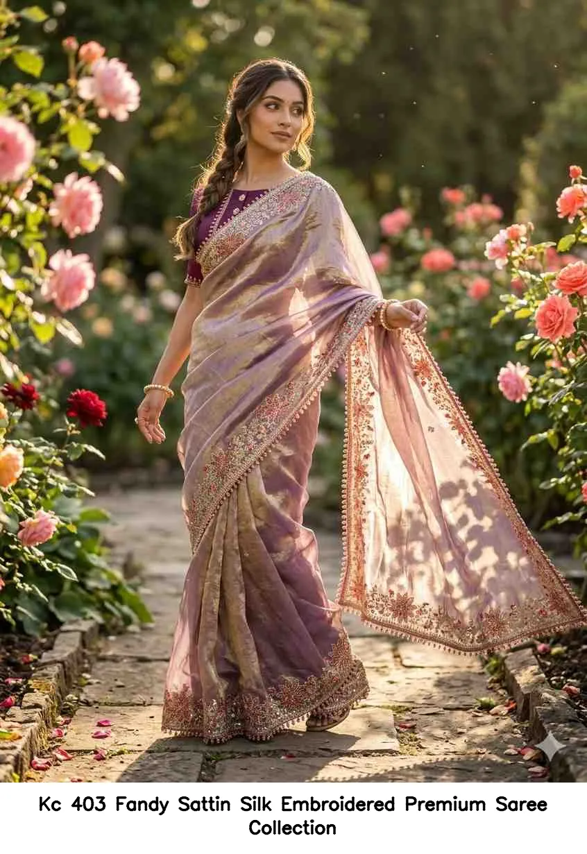 Kc 403 Fandy Sattin Silk Embroidered Premium Saree Collection - Image 6