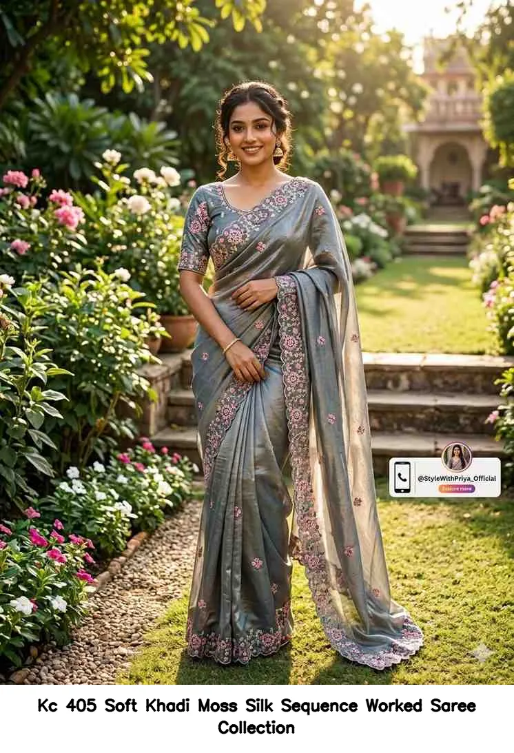 Kc 405 Soft Khadi Moss Silk Sequence Worked Saree Collection - Image 5