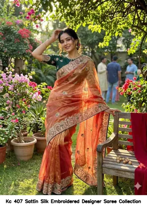Kc 407 Sattin Silk Embroidered Designer Saree Collection