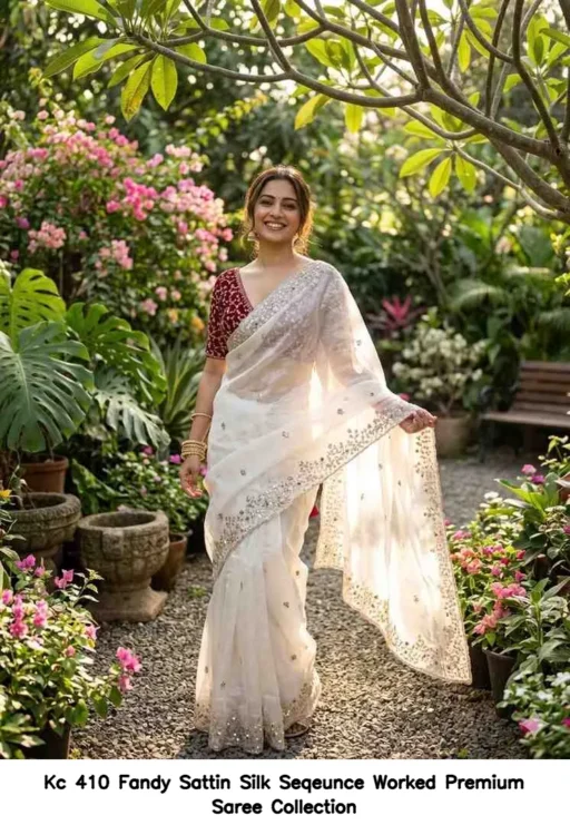 Kc 410 Fandy Sattin Silk Seqeunce Worked Premium Saree Collection