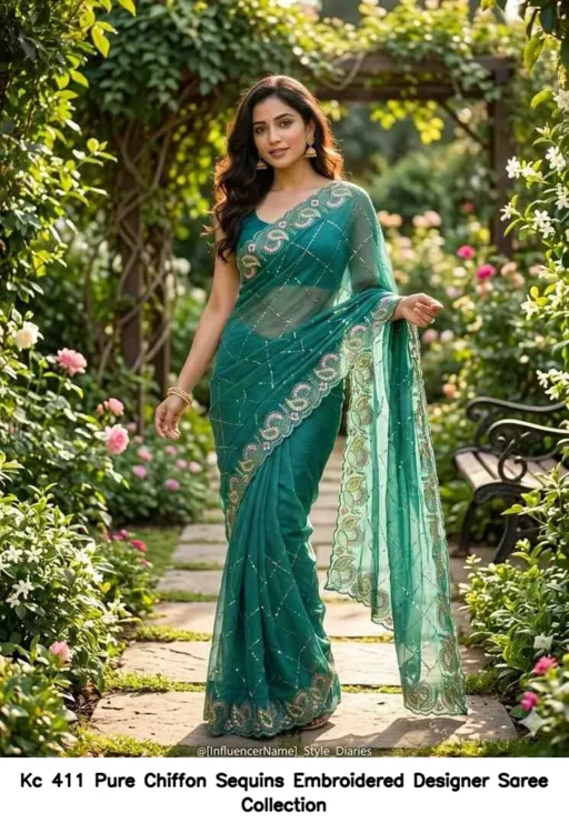 Kc 411 Pure Chiffon Sequins Embroidered Designer Saree Collection