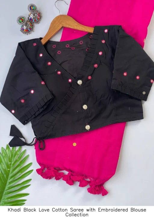Khadi Black Love Cotton Saree with Embroidered Blouse Collection