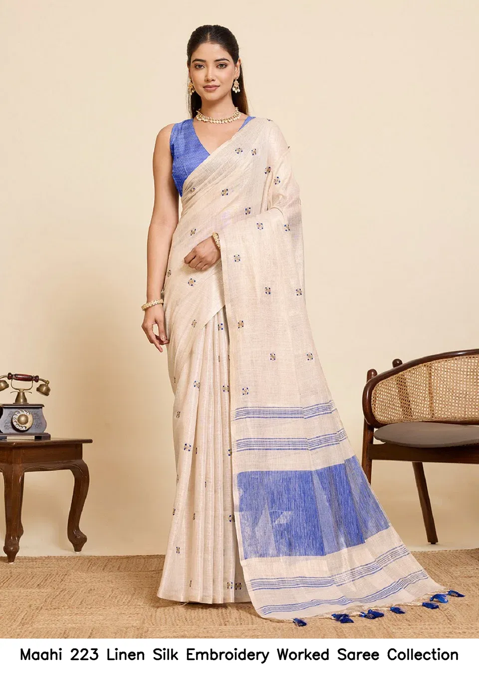 Maahi 223 Linen Silk Embroidery Worked Saree Collection
