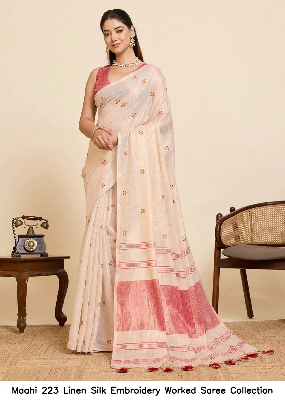 Maahi 223 Linen Silk Embroidery Worked Saree Collection - Image 2