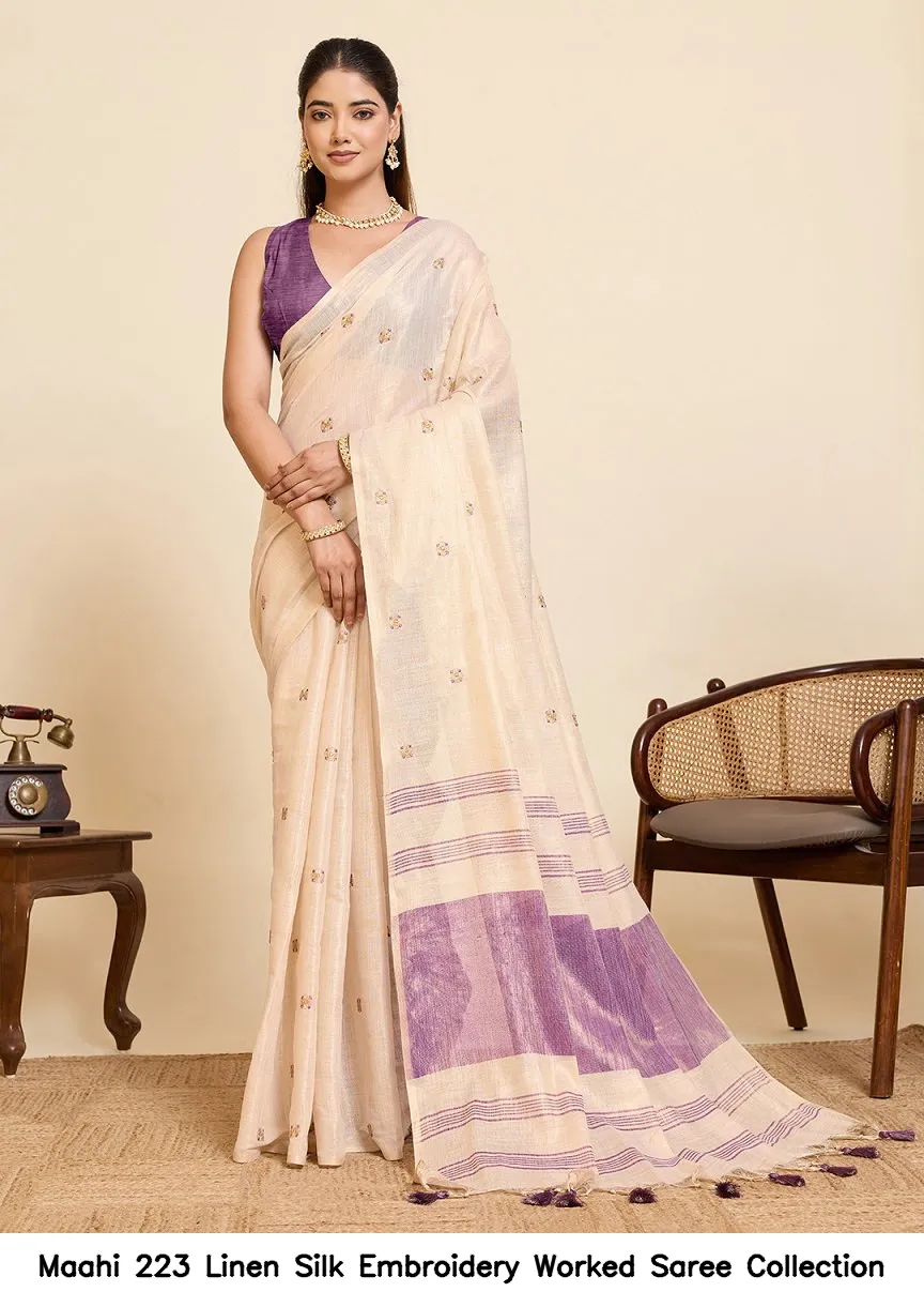 Maahi 223 Linen Silk Embroidery Worked Saree Collection - Image 3