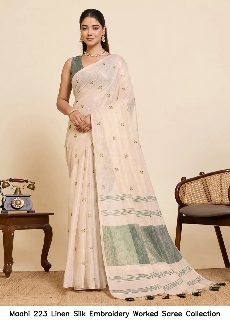Maahi 223 Linen Silk Embroidery Worked Saree Collection - Image 5