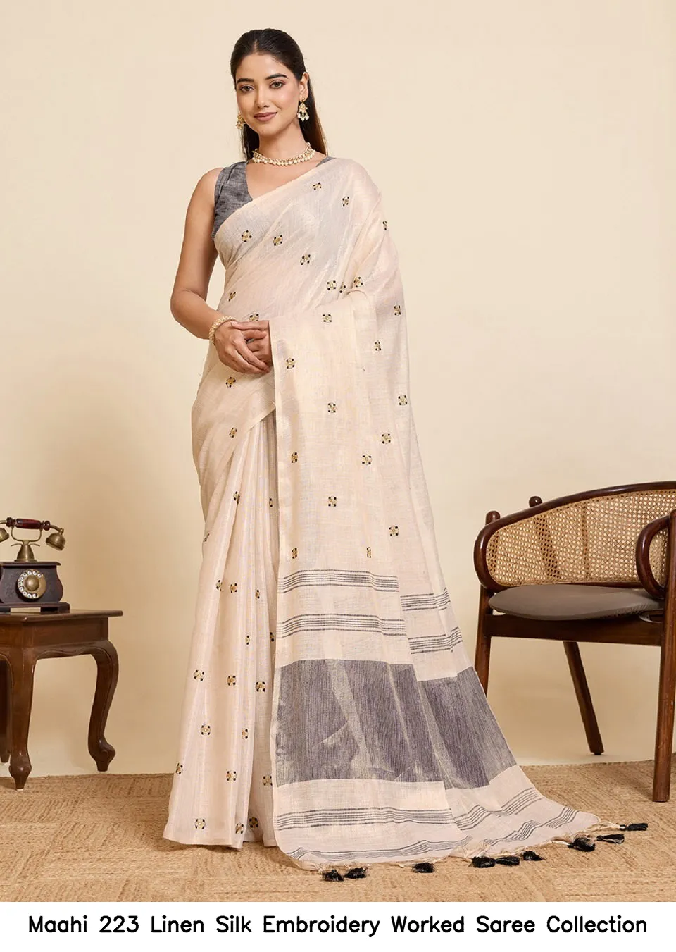 Maahi 223 Linen Silk Embroidery Worked Saree Collection - Image 6