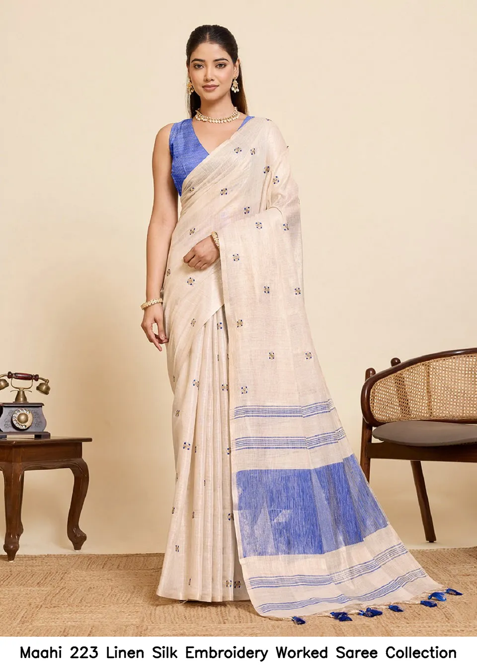 Maahi 223 Linen Silk Embroidery Worked Saree Collection - Image 7