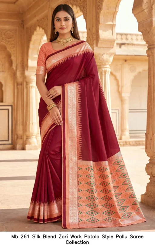 Mb 261 Silk Blend Zari Work Patola Style Pallu Saree Collection