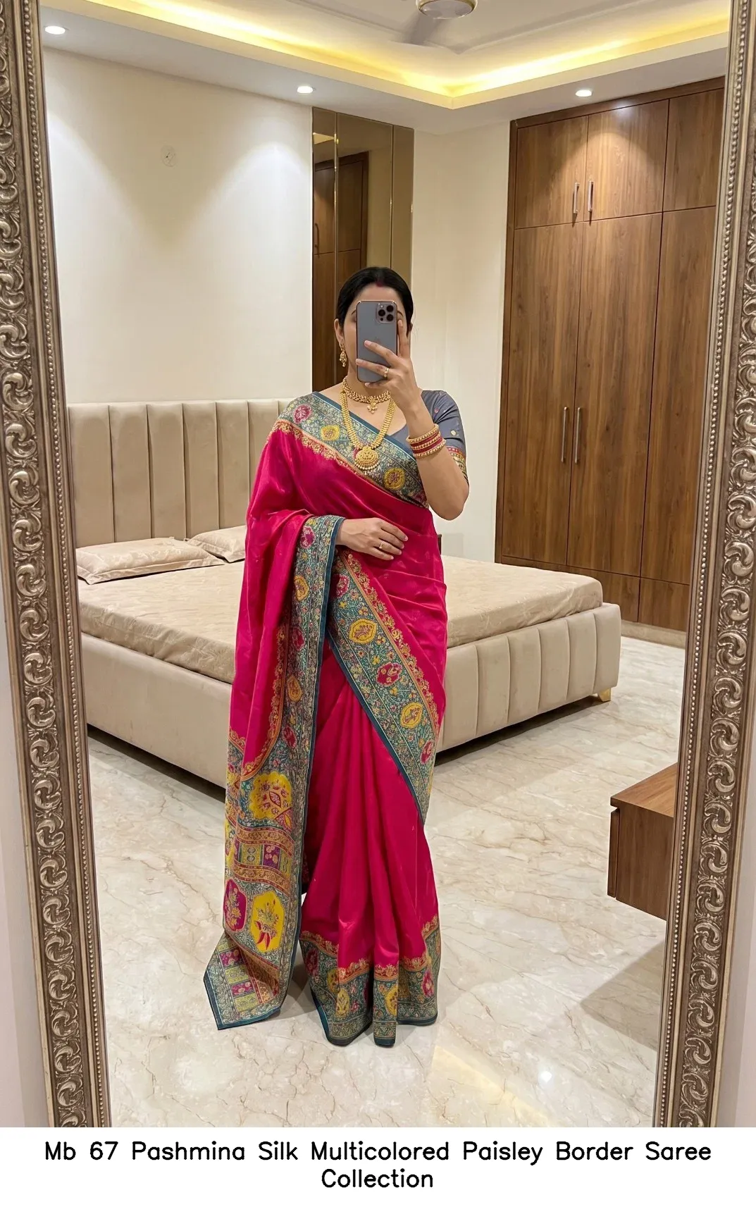 Mb 67 Pashmina Silk Multicolored Paisley Border Saree Collection - Image 2