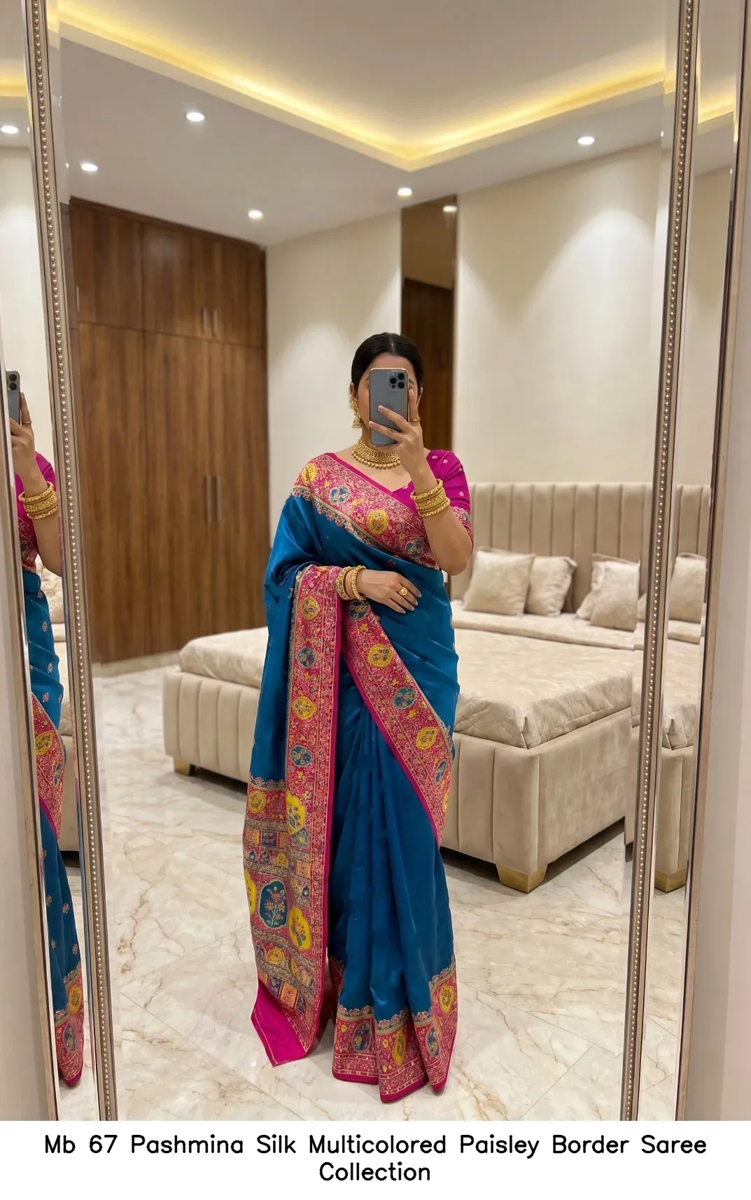 Mb 67 Pashmina Silk Multicolored Paisley Border Saree Collection - Image 3